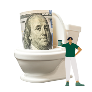 Agrocura Bilagstjek undgå bekostelige fejl- billede af penge ned i toilettet og en grafisk person med en lommeregner