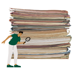 Agrocura Bilagstjek uvildig og grundig gennemgang - billede af en stak dokumenter og en grafisk person der kigger på det med et forstørrelsesglas